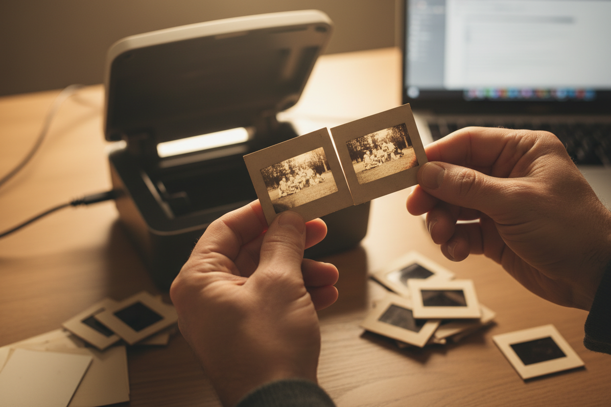 Hands holding vintage slides
